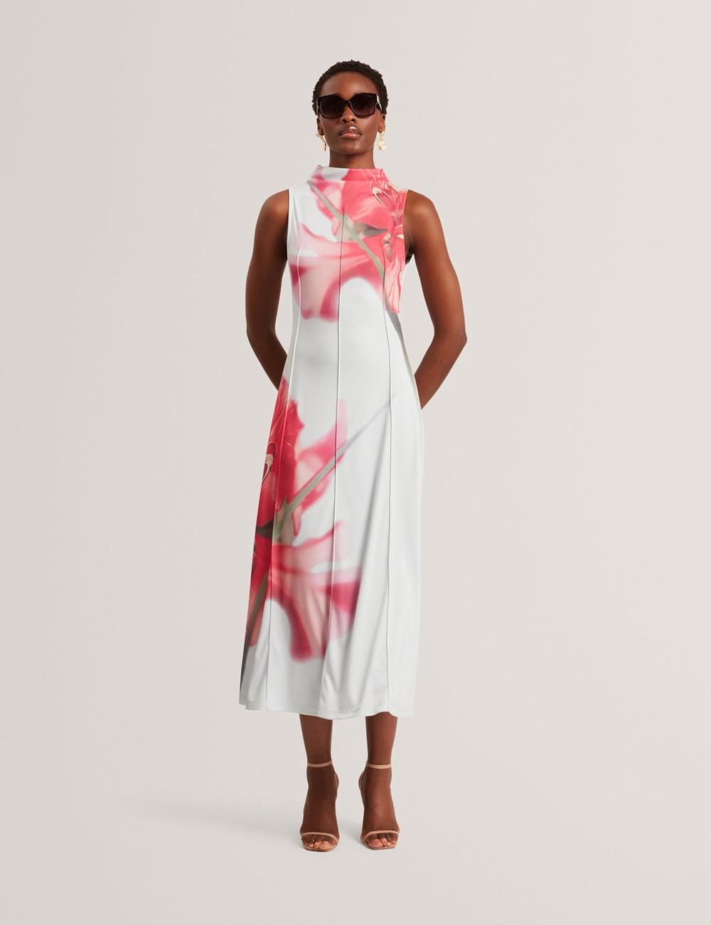 Blue Women Ted Baker REBEHKA - High Neck Printed Jersey Midi Dresses | NZ  HLQR-43521