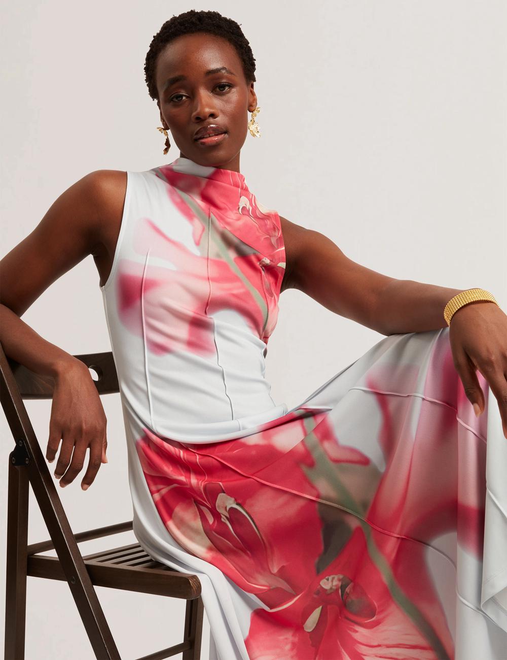 Blue Women Ted Baker REBEHKA - High Neck Printed Jersey Midi Dresses | NZ  HLQR-43521