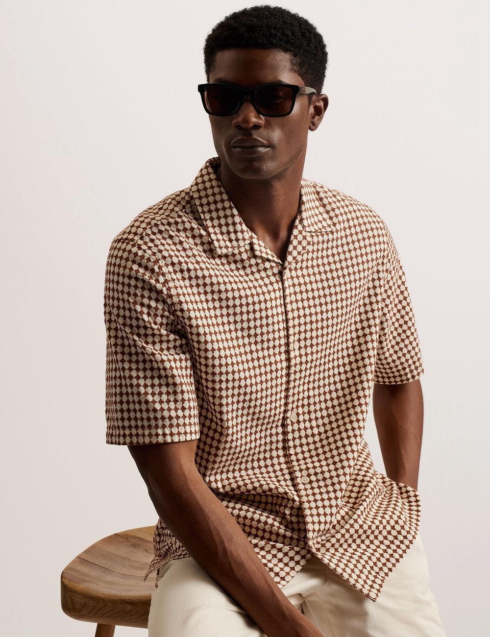 Brown Men Ted Baker OISE - Textured Grid Cotton Short Sleeve Casual Shirts | NZ  JXMP-96542
