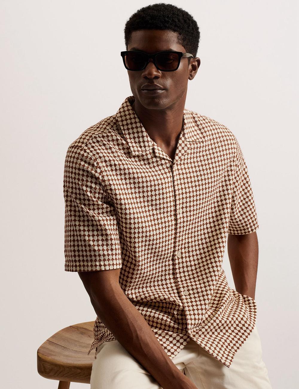 Brown Men Ted Baker OISE - Textured Grid Cotton Short Sleeve Casual Shirts | NZ  JXMP-96542