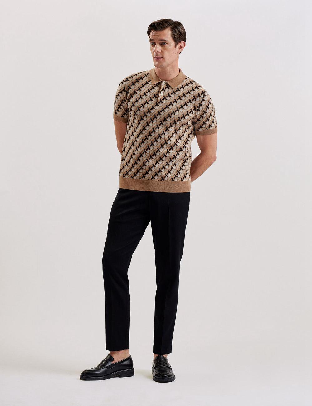 Brown Men Ted Baker SEFERRY - Interlocking T Jacquard Knitted Polos Shirts | NZ  NTXF-08963