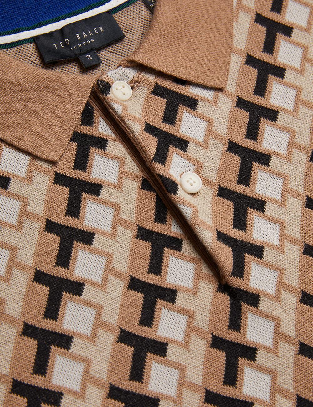 Brown Men Ted Baker SEFERRY - Interlocking T Jacquard Knitted Polos Shirts | NZ  NTXF-08963
