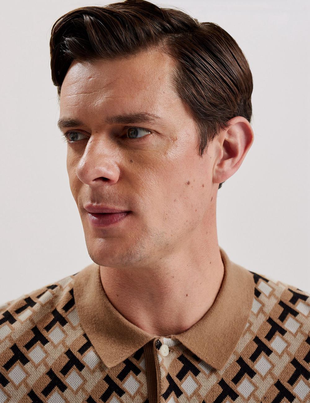 Brown Men Ted Baker SEFERRY - Interlocking T Jacquard Knitted Polos Shirts | NZ  NTXF-08963