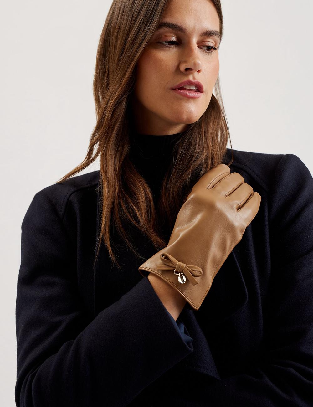 Camel Women Ted Baker SHERYYS - Bow Detail Soft Leather Gloves | NZ  EPBK-78196