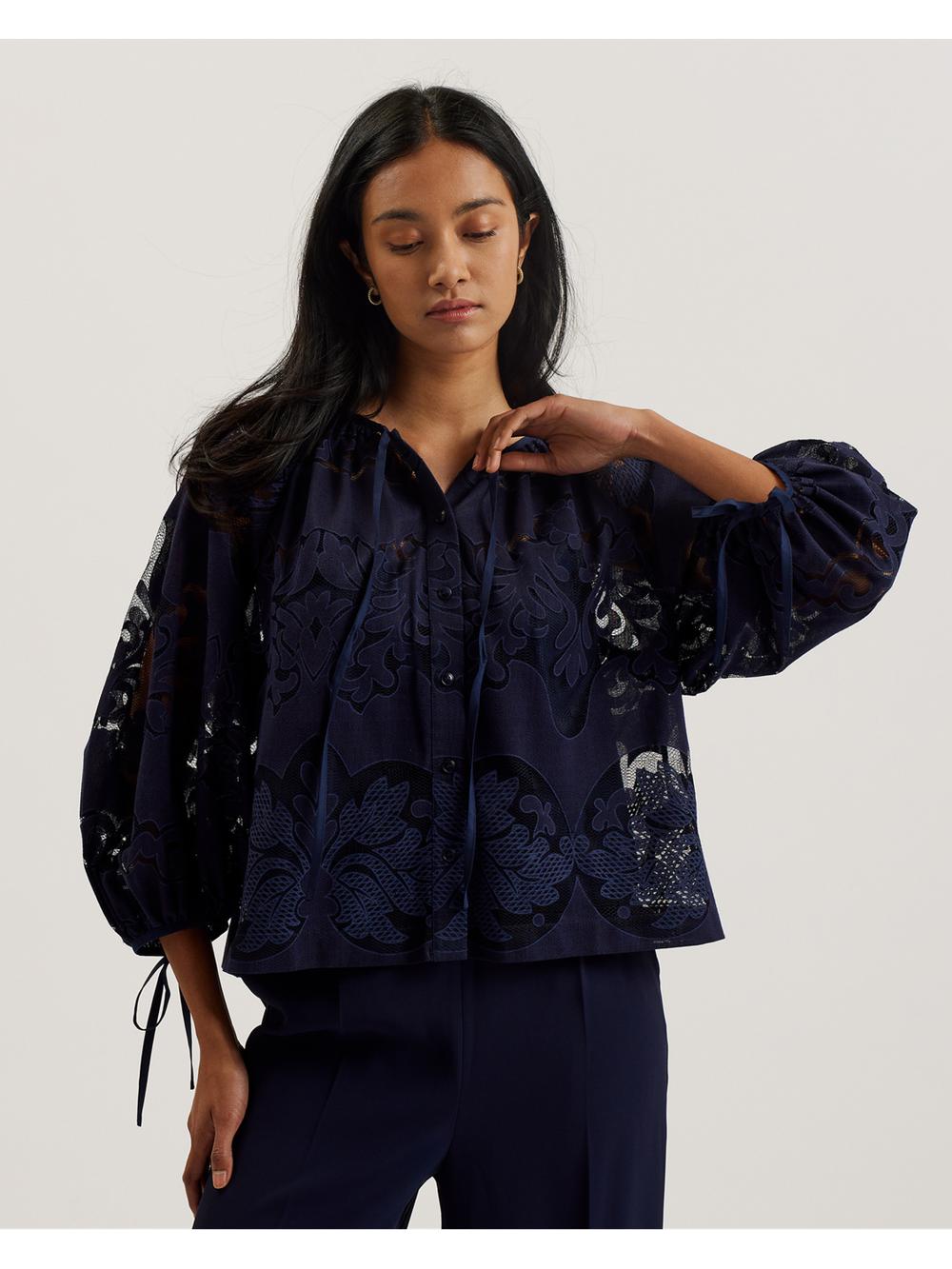 Dk-Blue Women Ted Baker BACINA - Lace 3/4 Balloon Sleeve Blouses | NZ  JXER-02785
