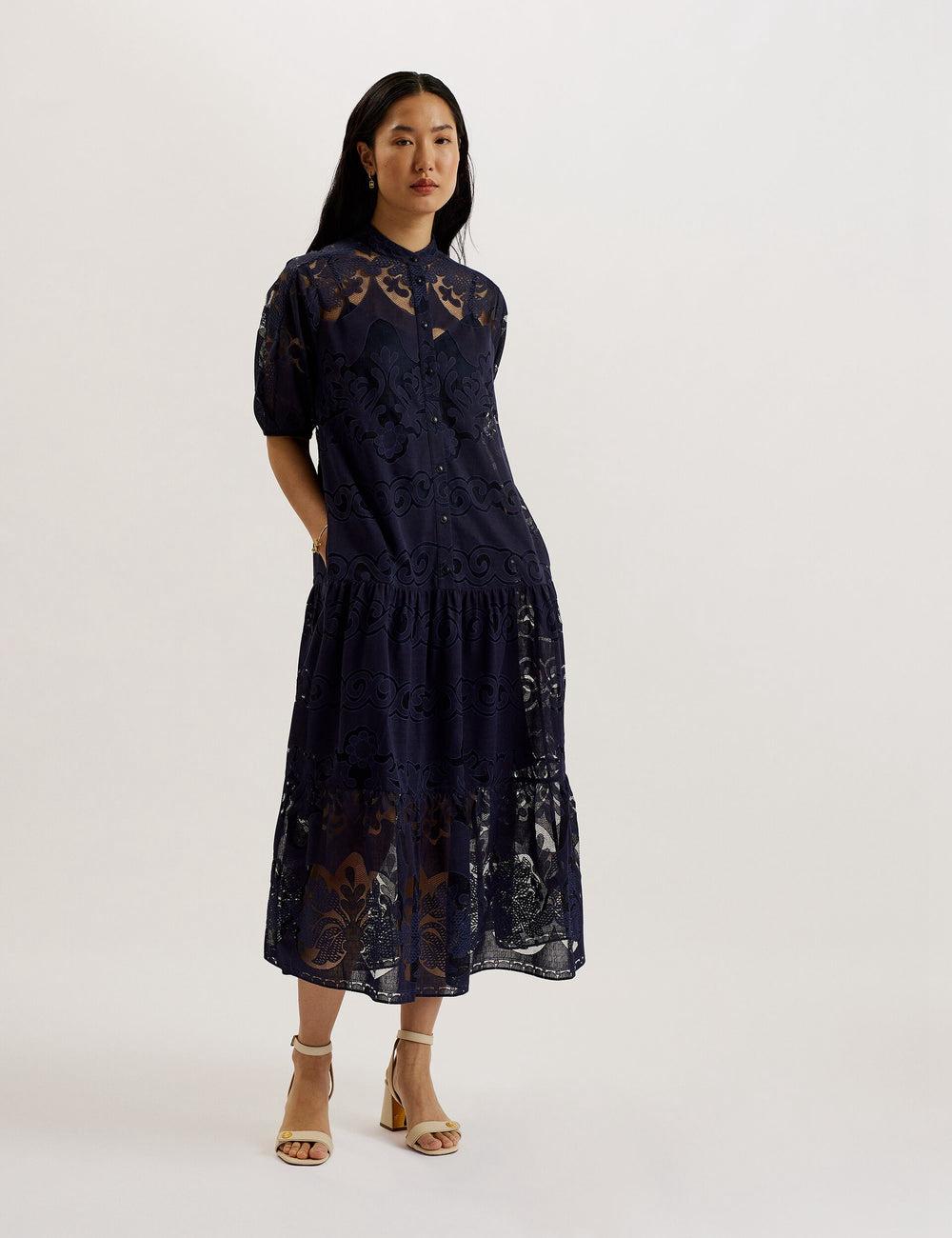 Dk-Blue Women Ted Baker XATIVA - Lace Puff Sleeve Midi Shift Midi Dresses | NZ  ZKMJ-28756