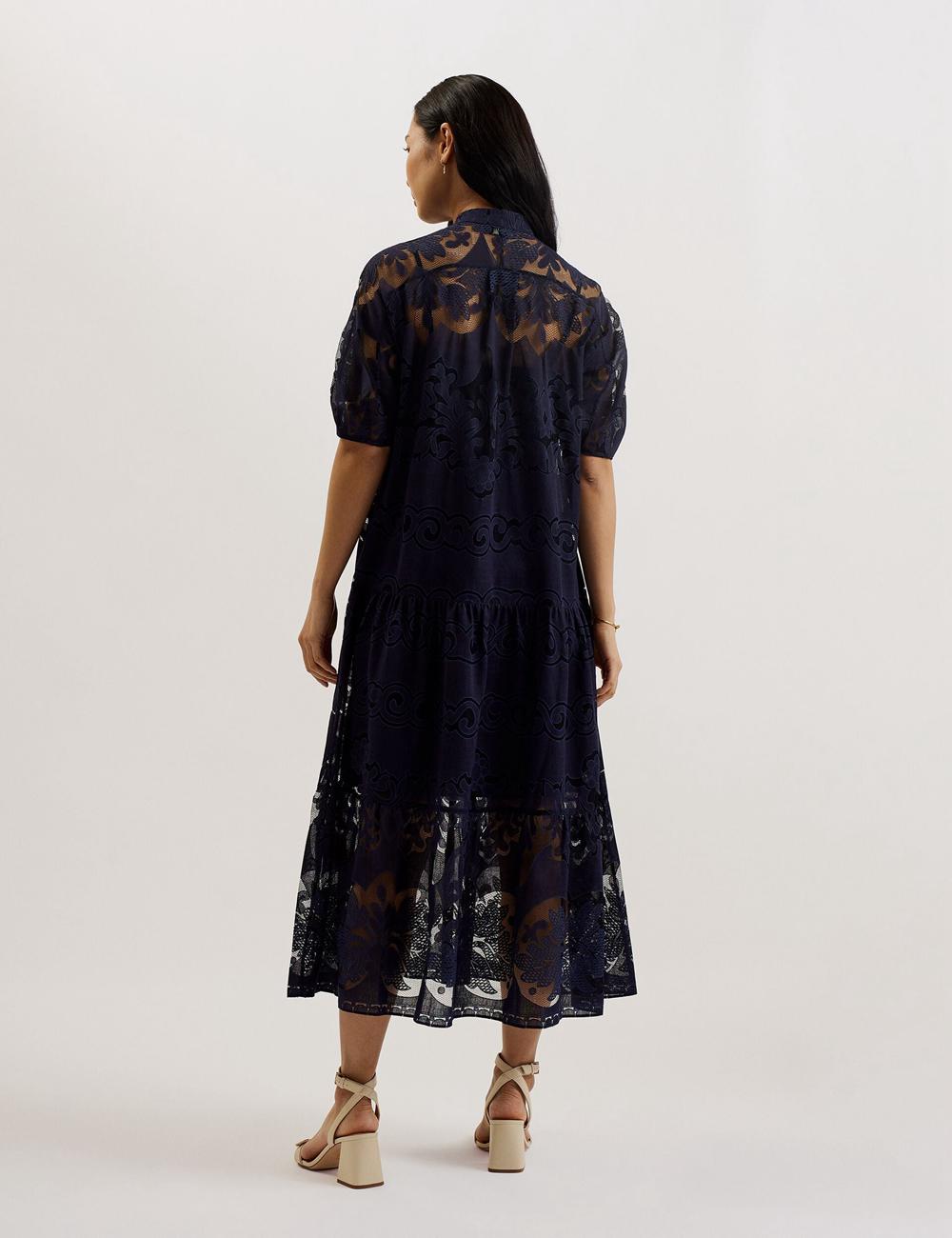 Dk-Blue Women Ted Baker XATIVA - Lace Puff Sleeve Midi Shift Midi Dresses | NZ  ZKMJ-28756