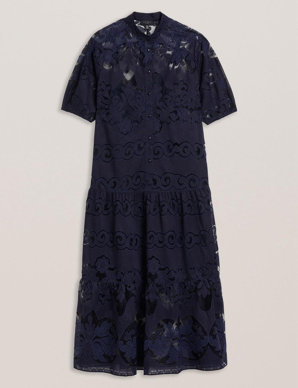Dk-Blue Women Ted Baker XATIVA - Lace Puff Sleeve Midi Shift Midi Dresses | NZ  ZKMJ-28756