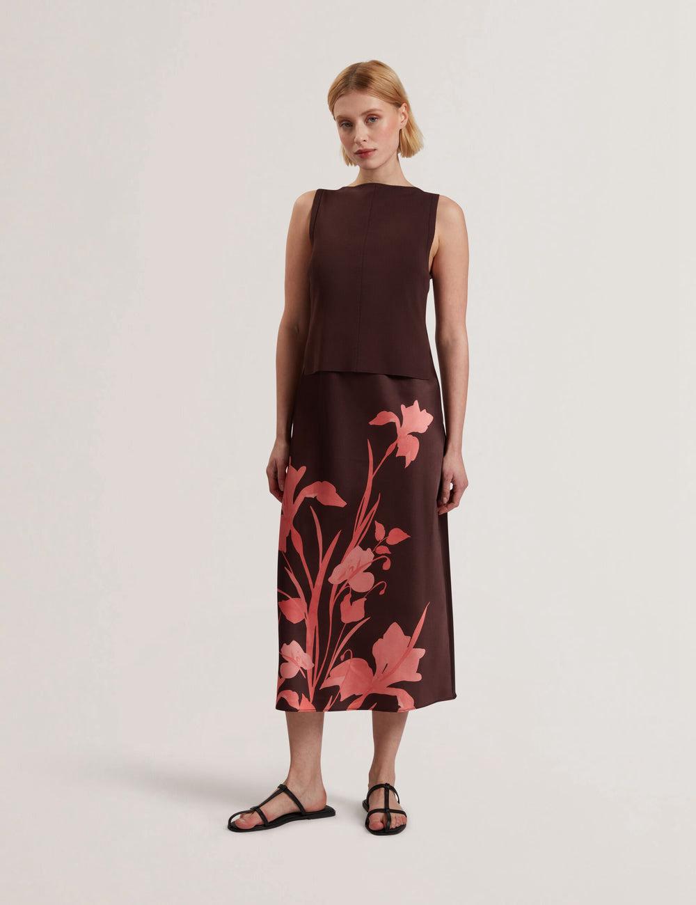 Dk-Brown Women Ted Baker LATTENA - Printed Satin With Removable Tank Midi Dresses | NZ  THGF-17509