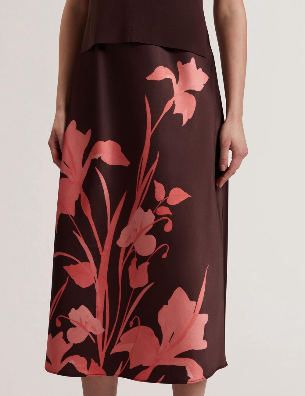 Dk-Brown Women Ted Baker LATTENA - Printed Satin With Removable Tank Midi Dresses | NZ  THGF-17509