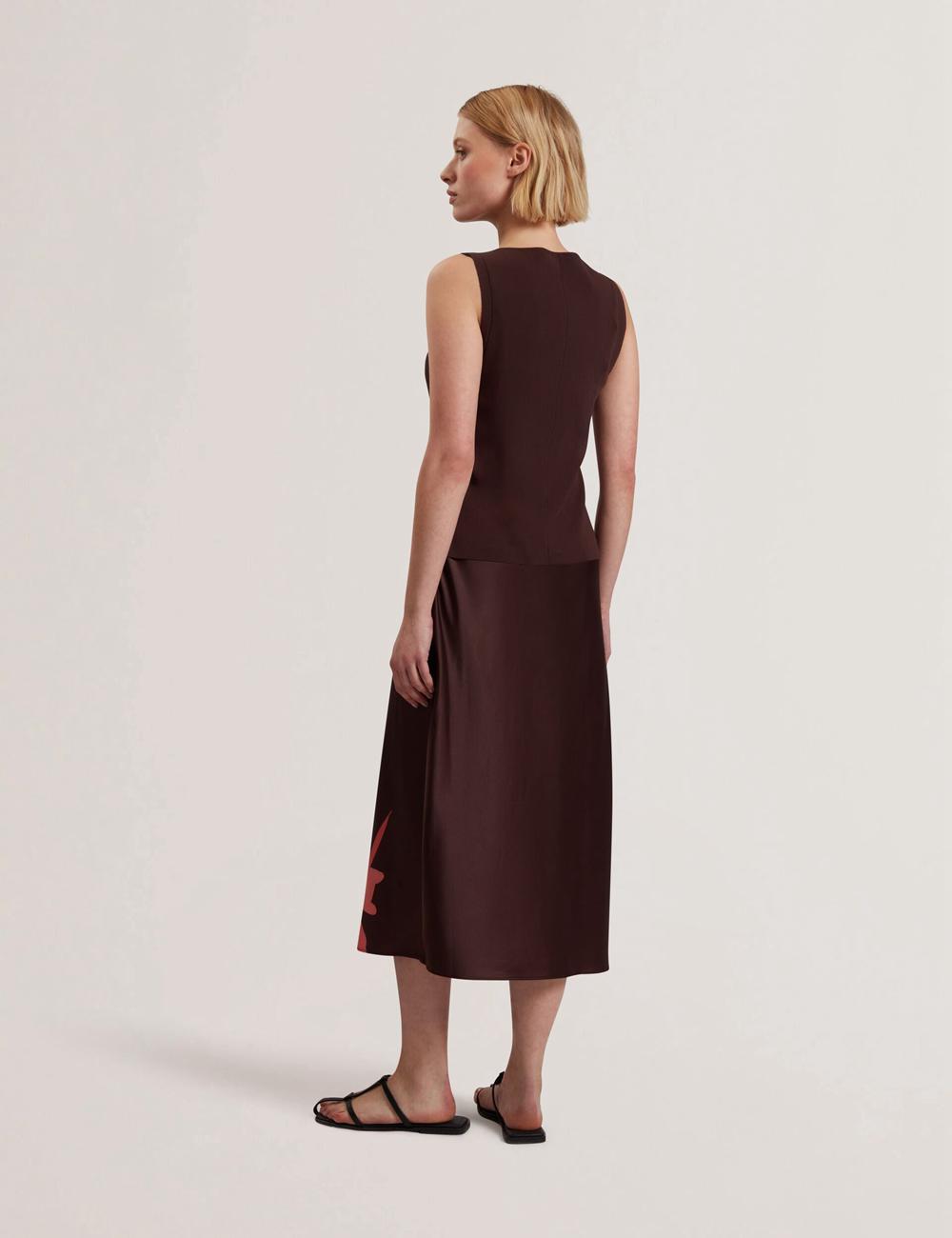 Dk-Brown Women Ted Baker LATTENA - Printed Satin With Removable Tank Midi Dresses | NZ  THGF-17509