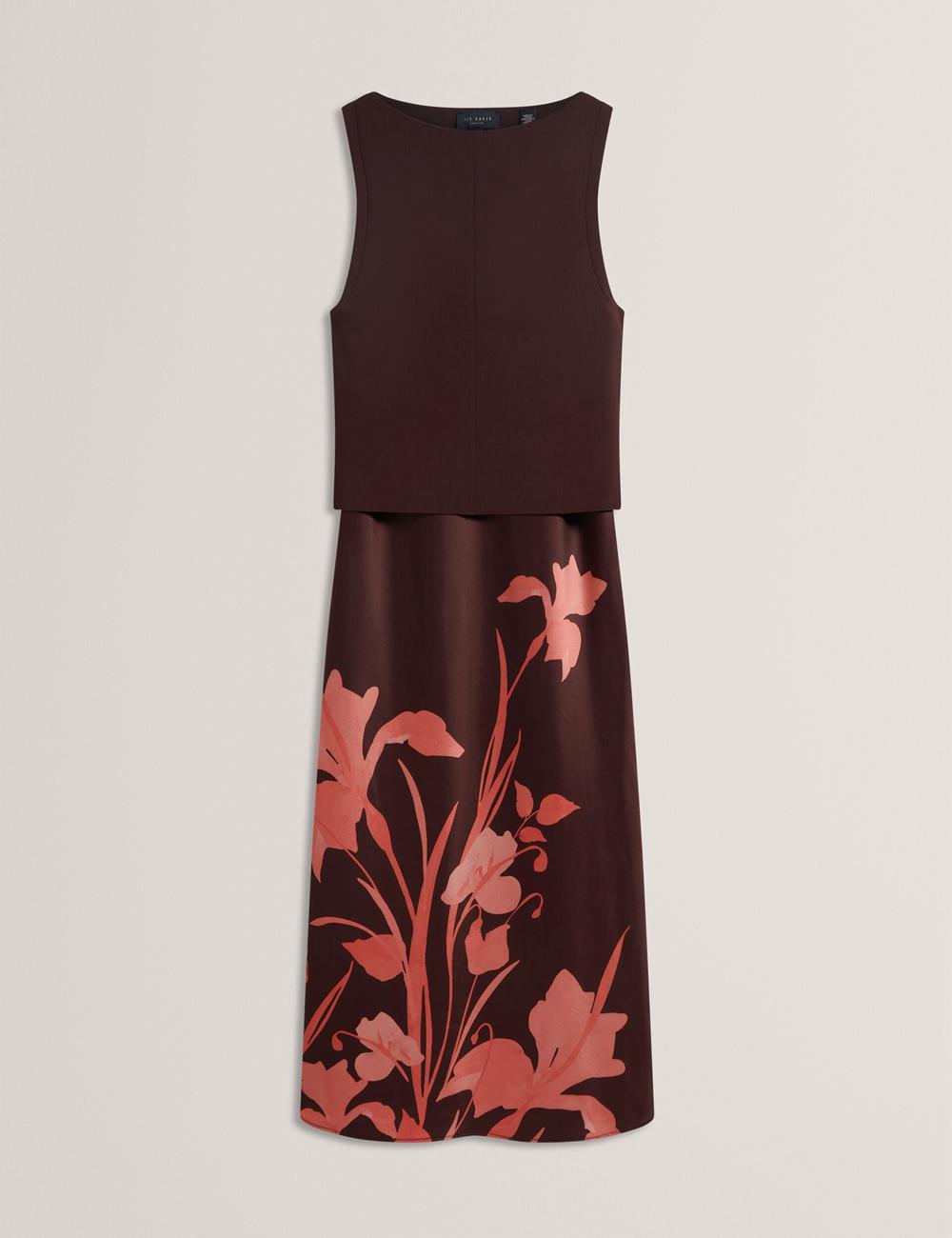 Dk-Brown Women Ted Baker LATTENA - Printed Satin With Removable Tank Midi Dresses | NZ  THGF-17509
