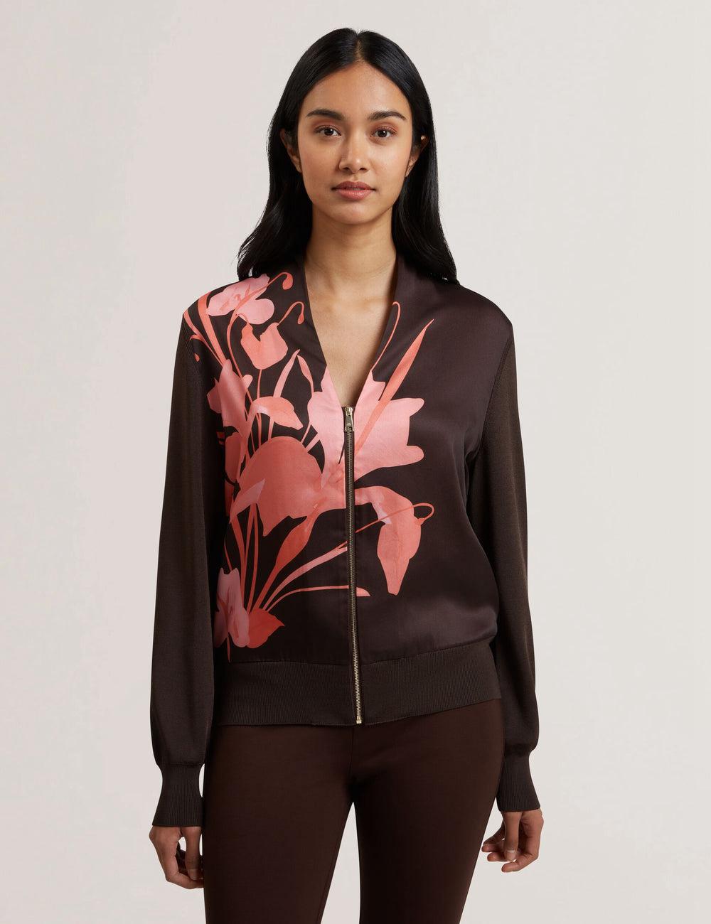 Dk-Brown Women Ted Baker MATIINA - Printed Front Zip-Up Bomber Cardigans | NZ  QUTO-07539