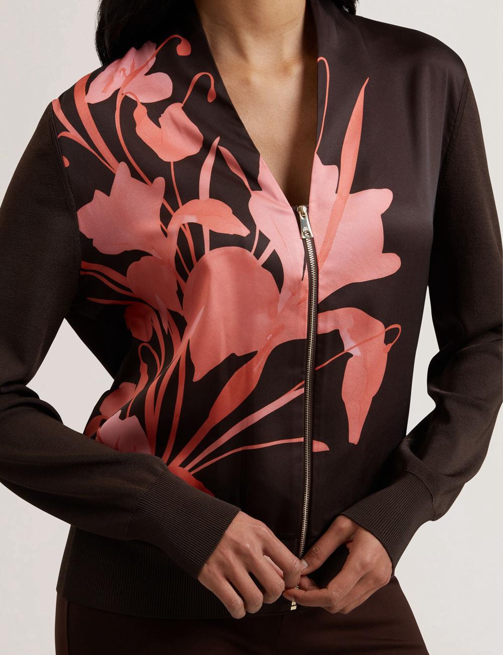 Dk-Brown Women Ted Baker MATIINA - Printed Front Zip-Up Bomber Cardigans | NZ  QUTO-07539
