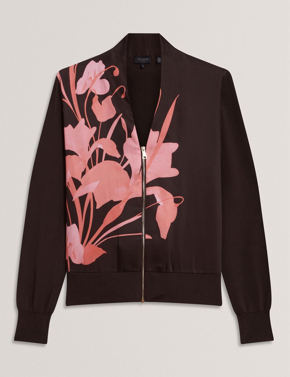 Dk-Brown Women Ted Baker MATIINA - Printed Front Zip-Up Bomber Cardigans | NZ  QUTO-07539
