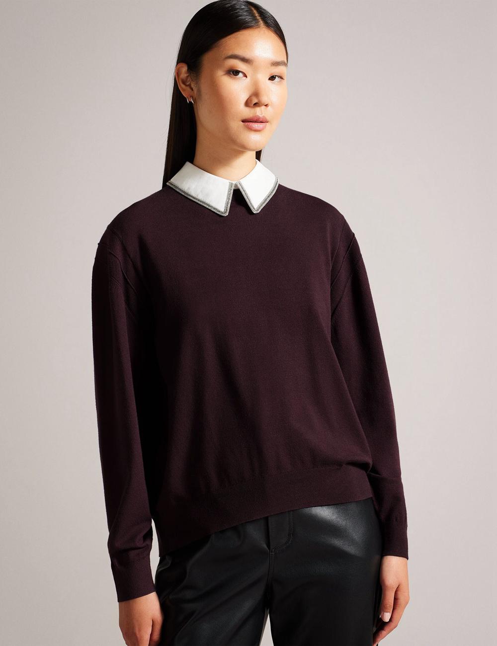 Dk-Brown Women Ted Baker PENNII - Mockable With Embellished Shirt Collar Jumpers | NZ  AKFZ-83701