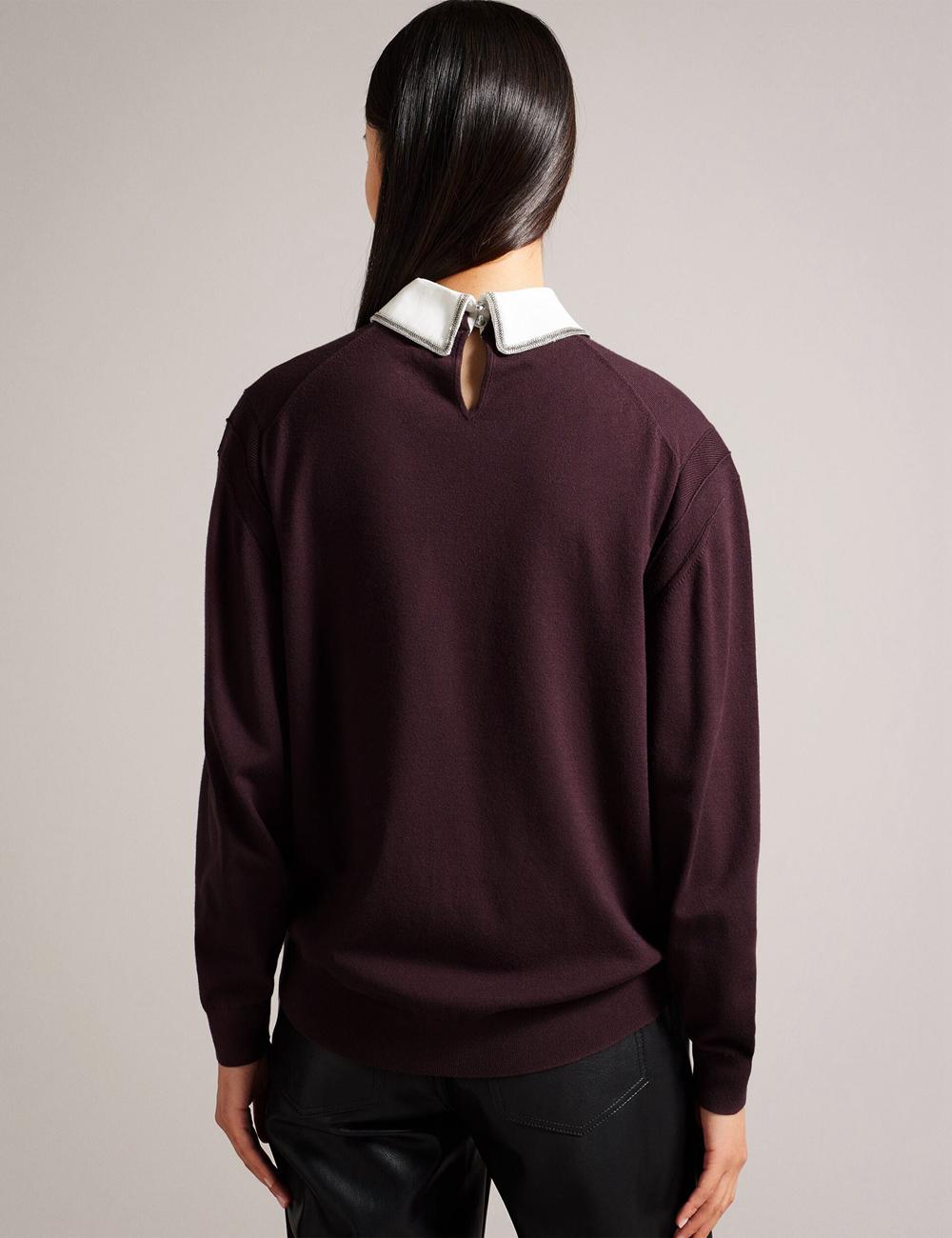 Dk-Brown Women Ted Baker PENNII - Mockable With Embellished Shirt Collar Jumpers | NZ  AKFZ-83701