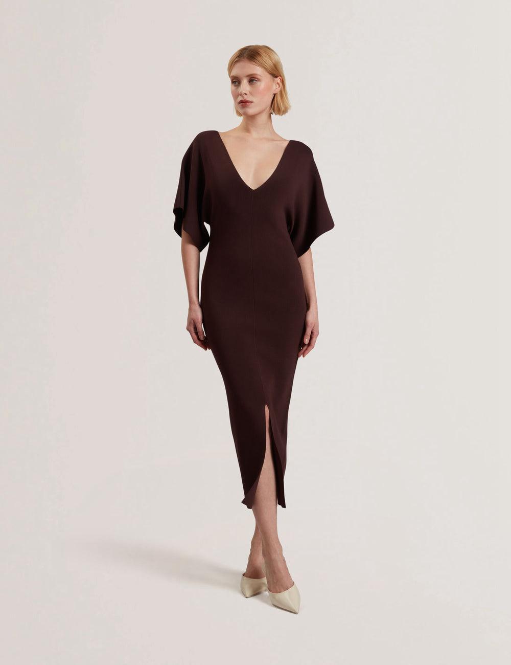 Dk-Brown Women Ted Baker REBEXXA - Wide Sleeve Knitted Bodycon Midi Dresses | NZ  QTFY-41965