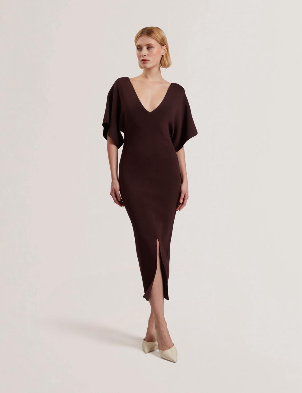 Dk-Brown Women Ted Baker REBEXXA - Wide Sleeve Knitted Bodycon Midi Dresses | NZ  QTFY-41965
