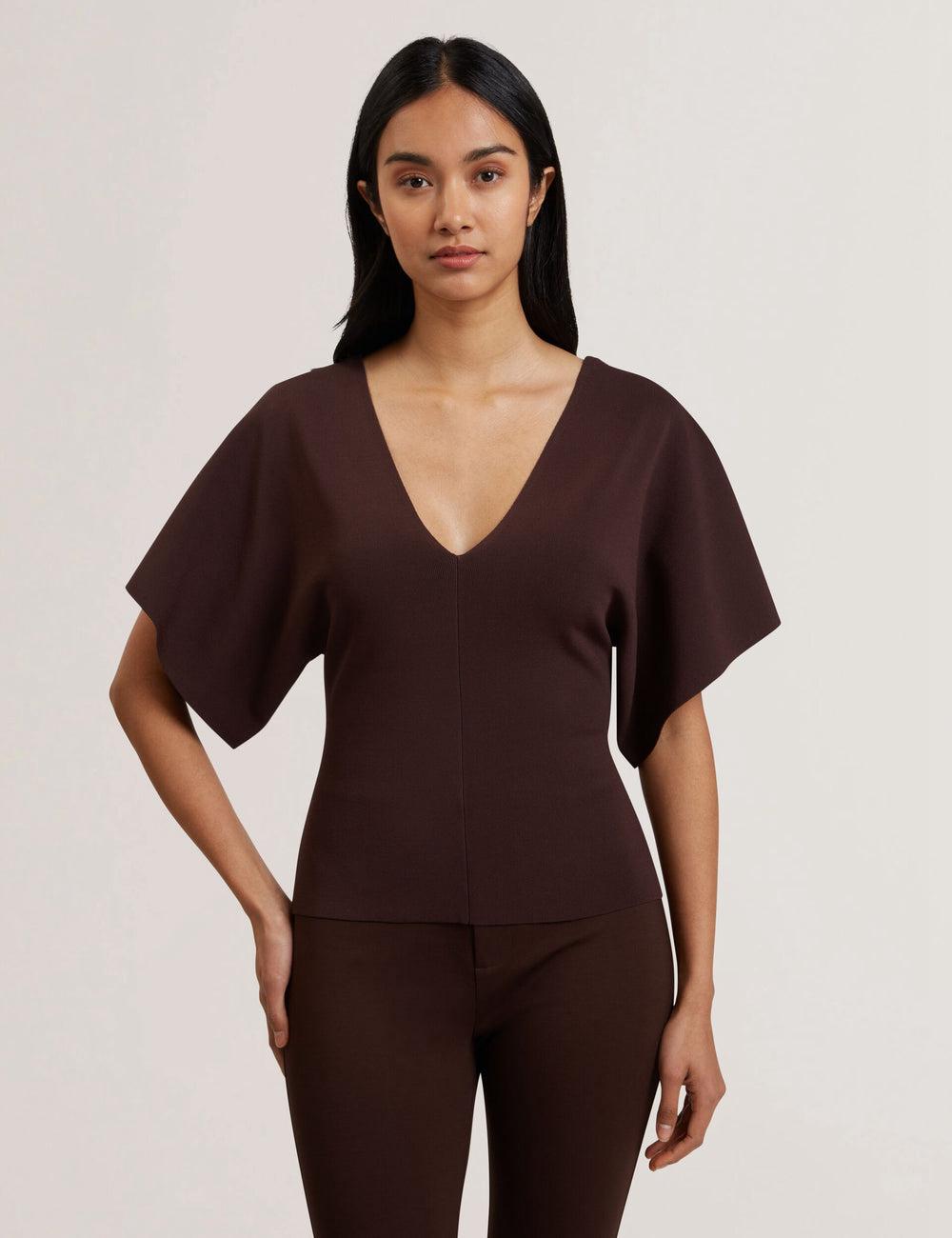 Dk-Brown Women Ted Baker REGINAH - Wide Short Sleeve V-Neck Knitted Tops | NZ  PTCM-94013