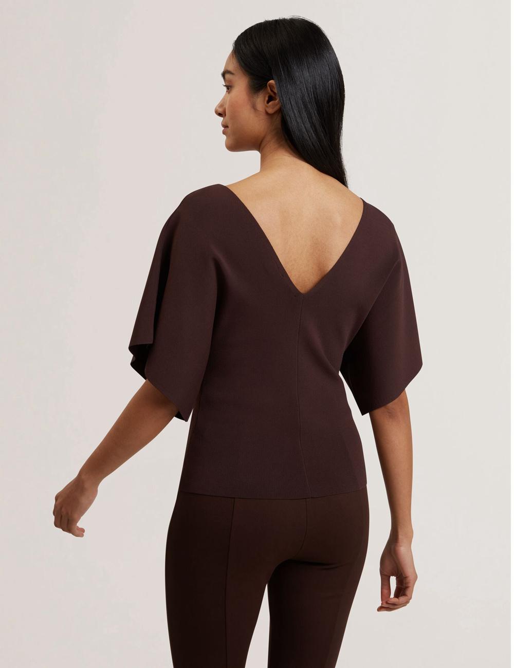 Dk-Brown Women Ted Baker REGINAH - Wide Short Sleeve V-Neck Knitted Tops | NZ  PTCM-94013