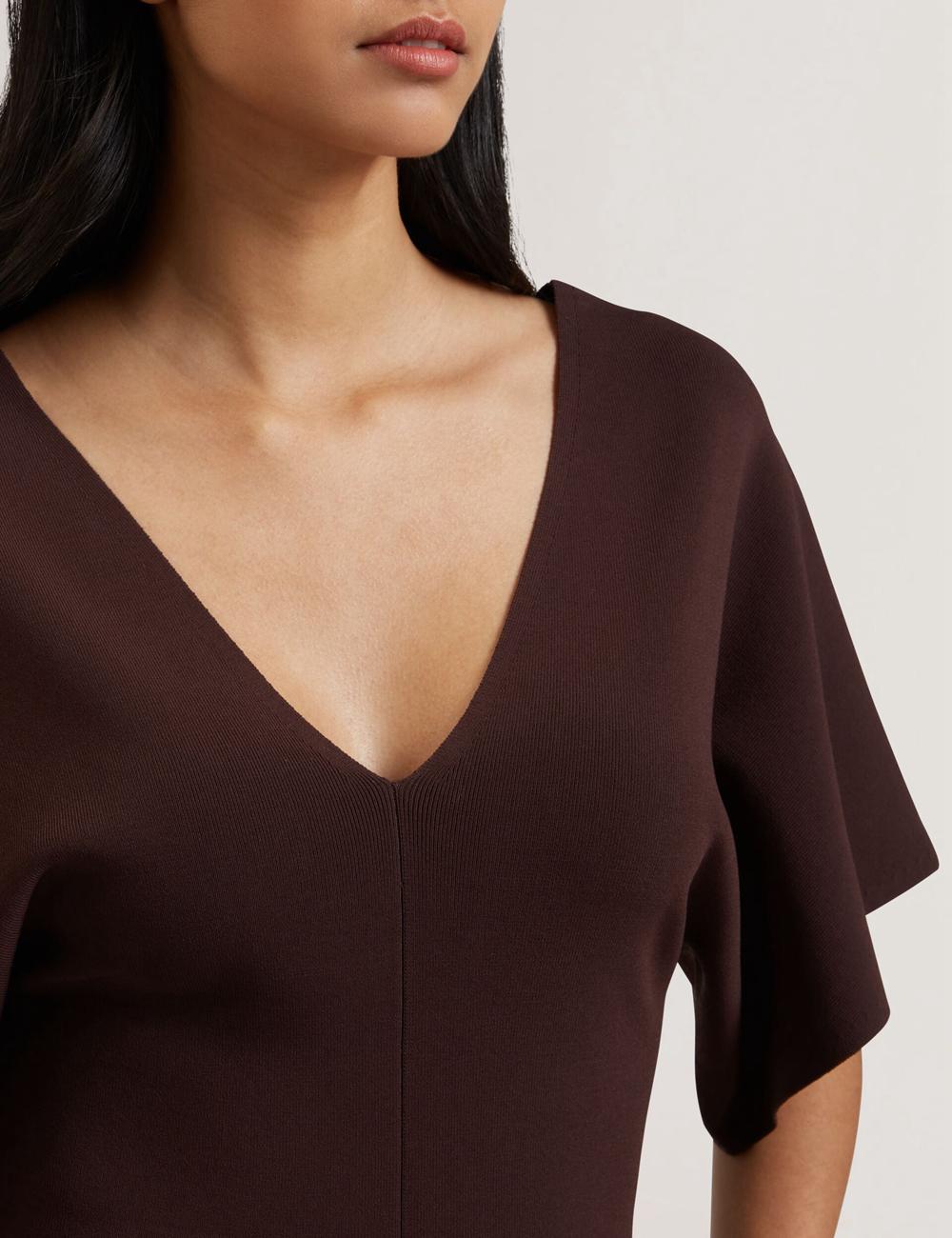 Dk-Brown Women Ted Baker REGINAH - Wide Short Sleeve V-Neck Knitted Tops | NZ  PTCM-94013