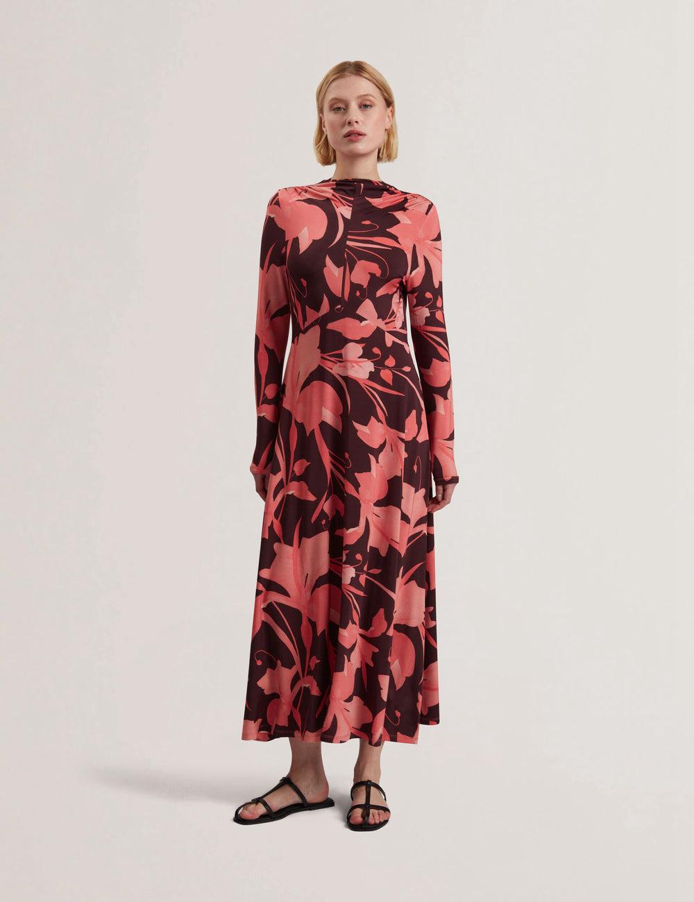 Dk-Brown Women Ted Baker STARLAH - Slinky Printed Jersey Long Sleeve Midi Dresses | NZ  KPUV-19253