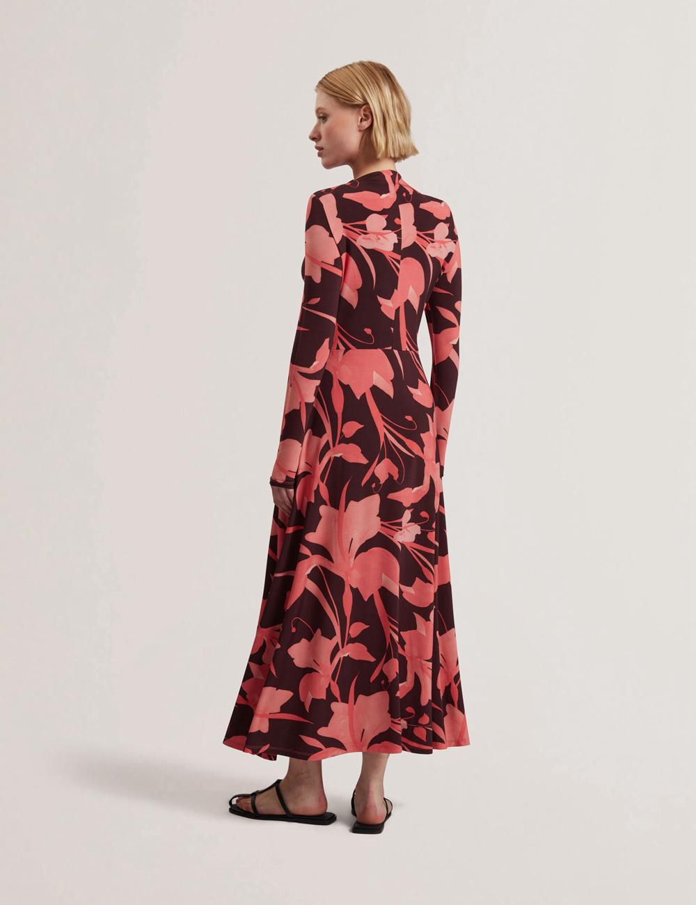Dk-Brown Women Ted Baker STARLAH - Slinky Printed Jersey Long Sleeve Midi Dresses | NZ  KPUV-19253