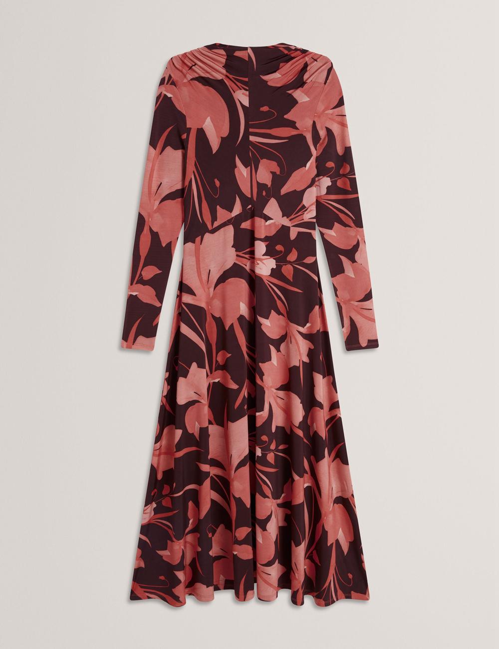 Dk-Brown Women Ted Baker STARLAH - Slinky Printed Jersey Long Sleeve Midi Dresses | NZ  KPUV-19253