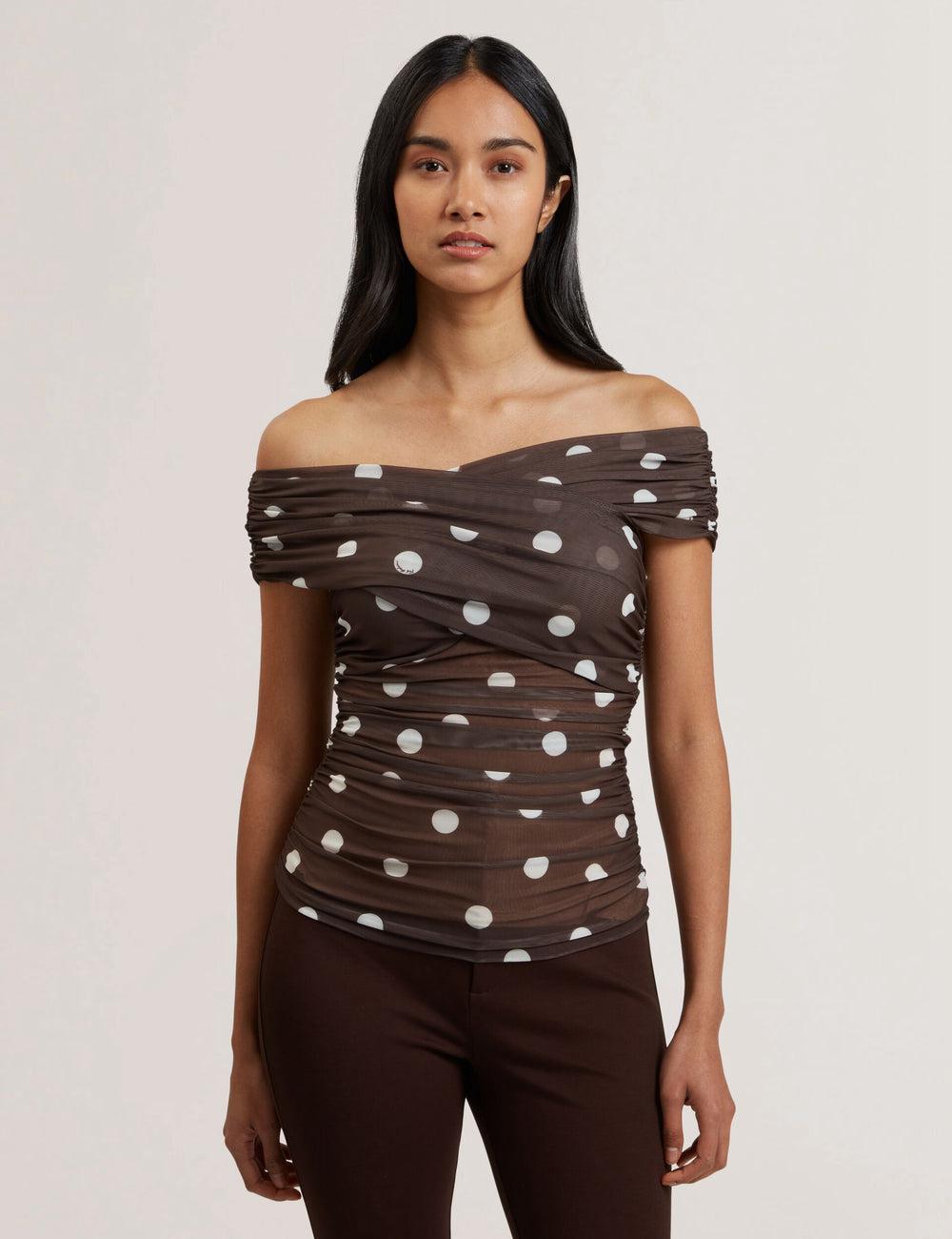Dk-Brown Women Ted Baker ZAAMO - Off-the-Shoulder Polka Dot Mesh Tops | NZ  NMTW-46812