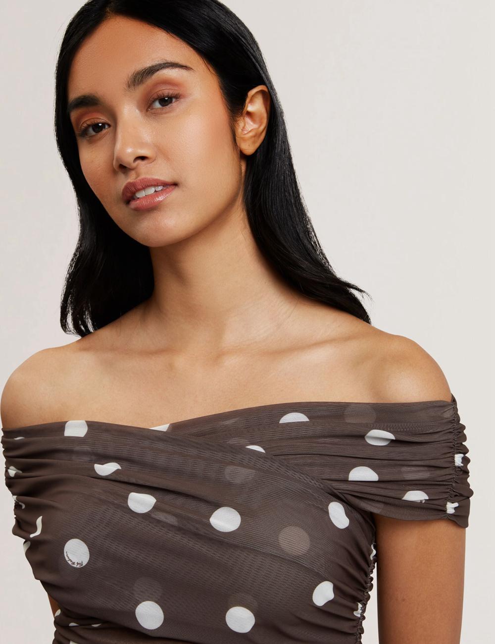 Dk-Brown Women Ted Baker ZAAMO - Off-the-Shoulder Polka Dot Mesh Tops | NZ  NMTW-46812
