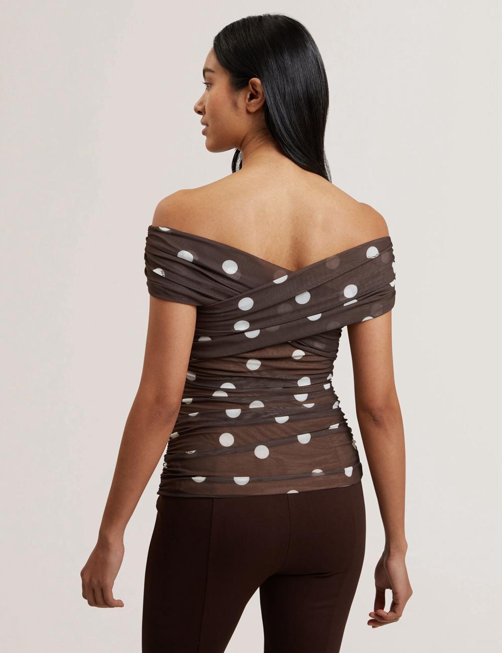 Dk-Brown Women Ted Baker ZAAMO - Off-the-Shoulder Polka Dot Mesh Tops | NZ  NMTW-46812