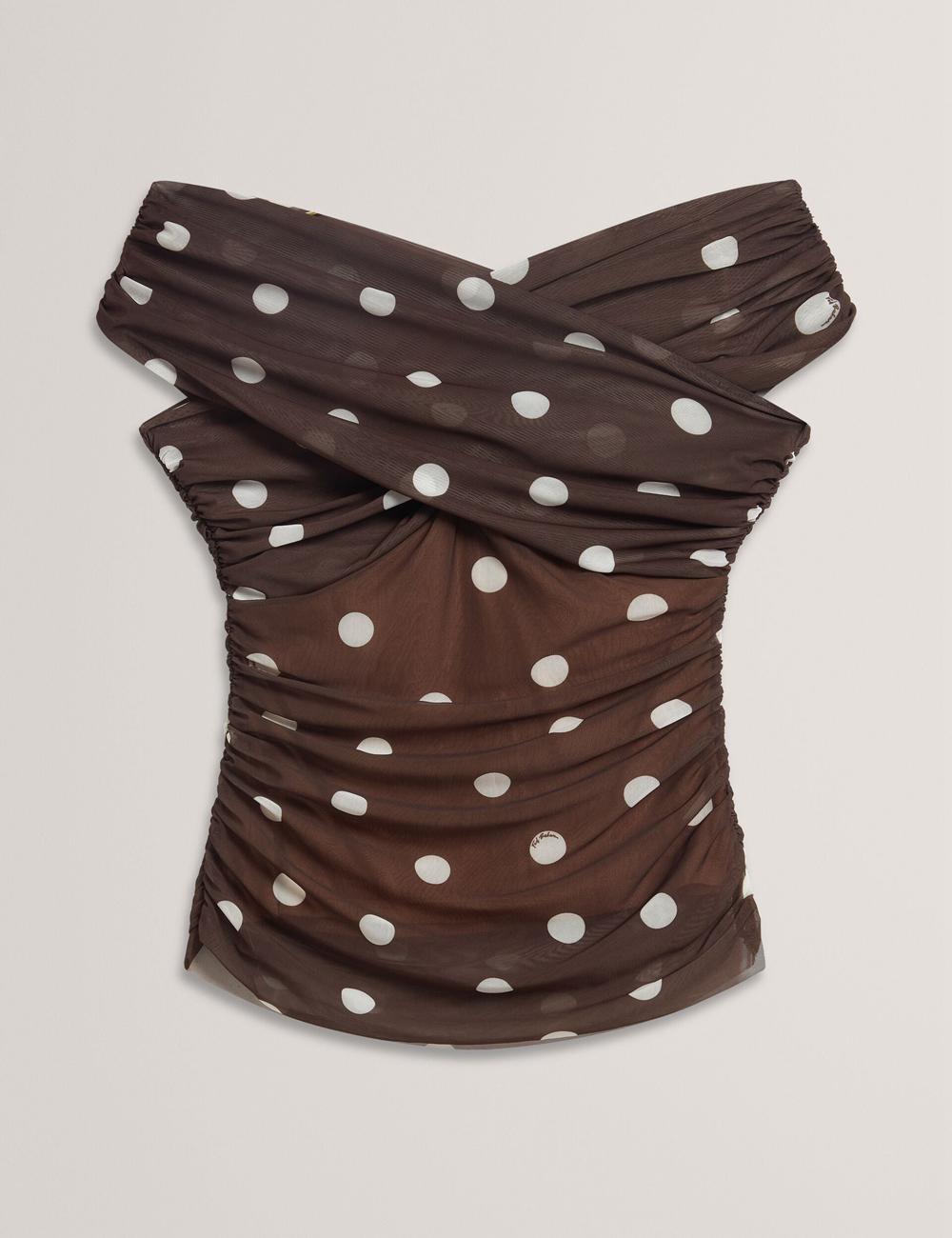 Dk-Brown Women Ted Baker ZAAMO - Off-the-Shoulder Polka Dot Mesh Tops | NZ  NMTW-46812