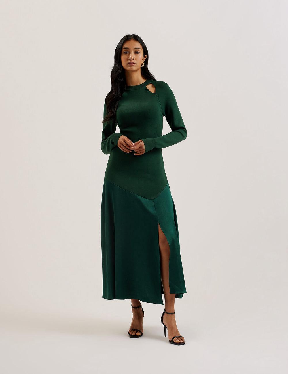 Dk-Green Women Ted Baker ALFEIOS - Long Sleeve Satin Skirt Midi Dresses | NZ  QRFV-47013