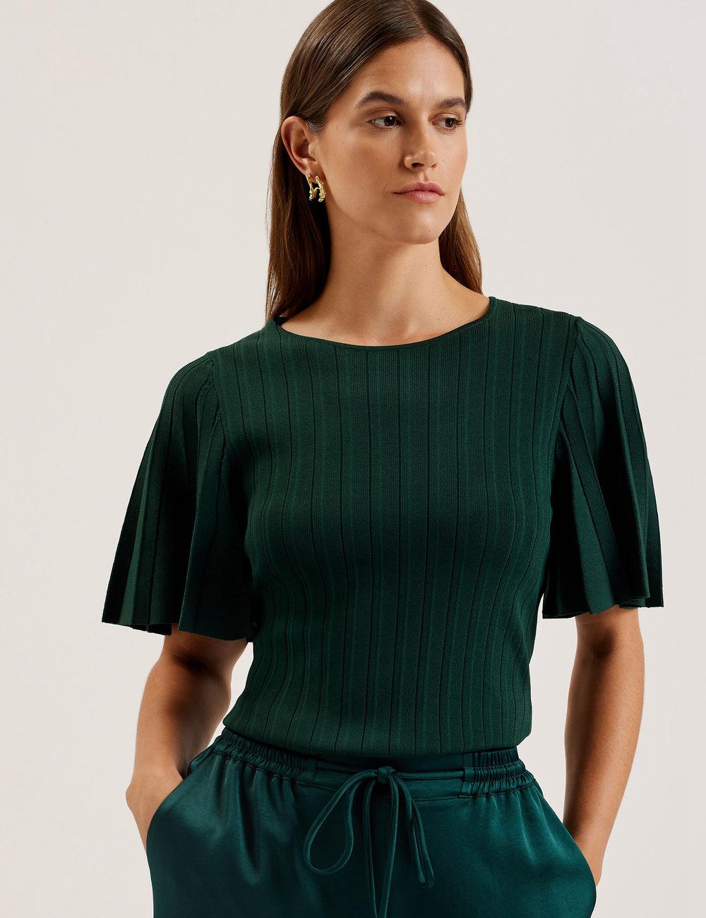 Dk-Green Women Ted Baker IIVANNA - Ribbed Knit Top With Fluted Short Sleeves Jumpers | NZ  FZLC-42170