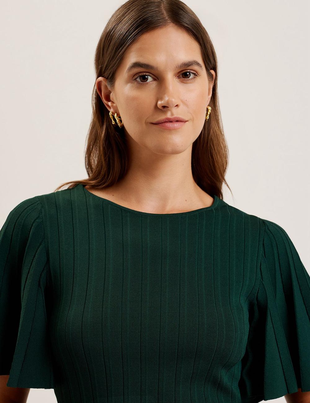 Dk-Green Women Ted Baker IIVANNA - Ribbed Knit Top With Fluted Short Sleeves Jumpers | NZ  FZLC-42170