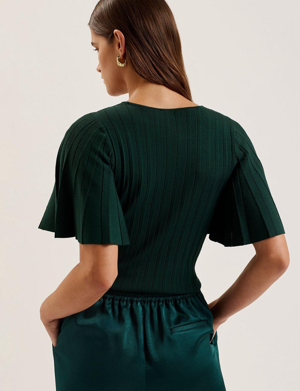 Dk-Green Women Ted Baker IIVANNA - Ribbed Knit Top With Fluted Short Sleeves Jumpers | NZ  FZLC-42170