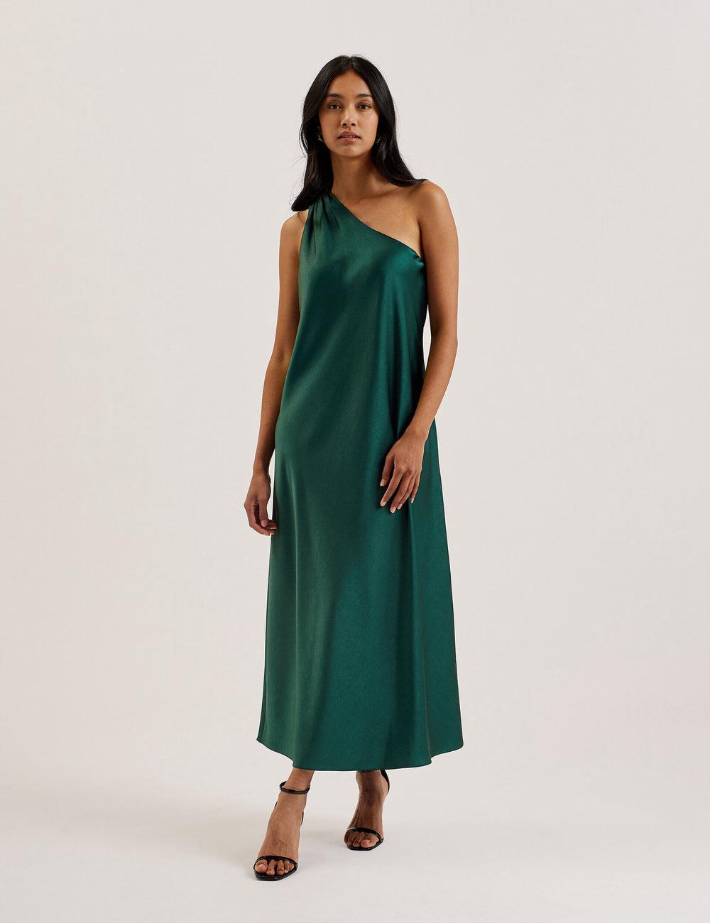 Dk-Green Women Ted Baker MELGAR - Satin One Shoulder Midi Dresses | NZ  PESN-60241