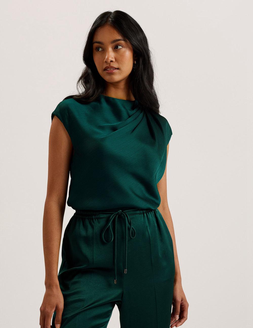 Dk-Green Women Ted Baker MISRINA - Drape Neck Detail Satin Top Jumpers | NZ  FZJB-30269