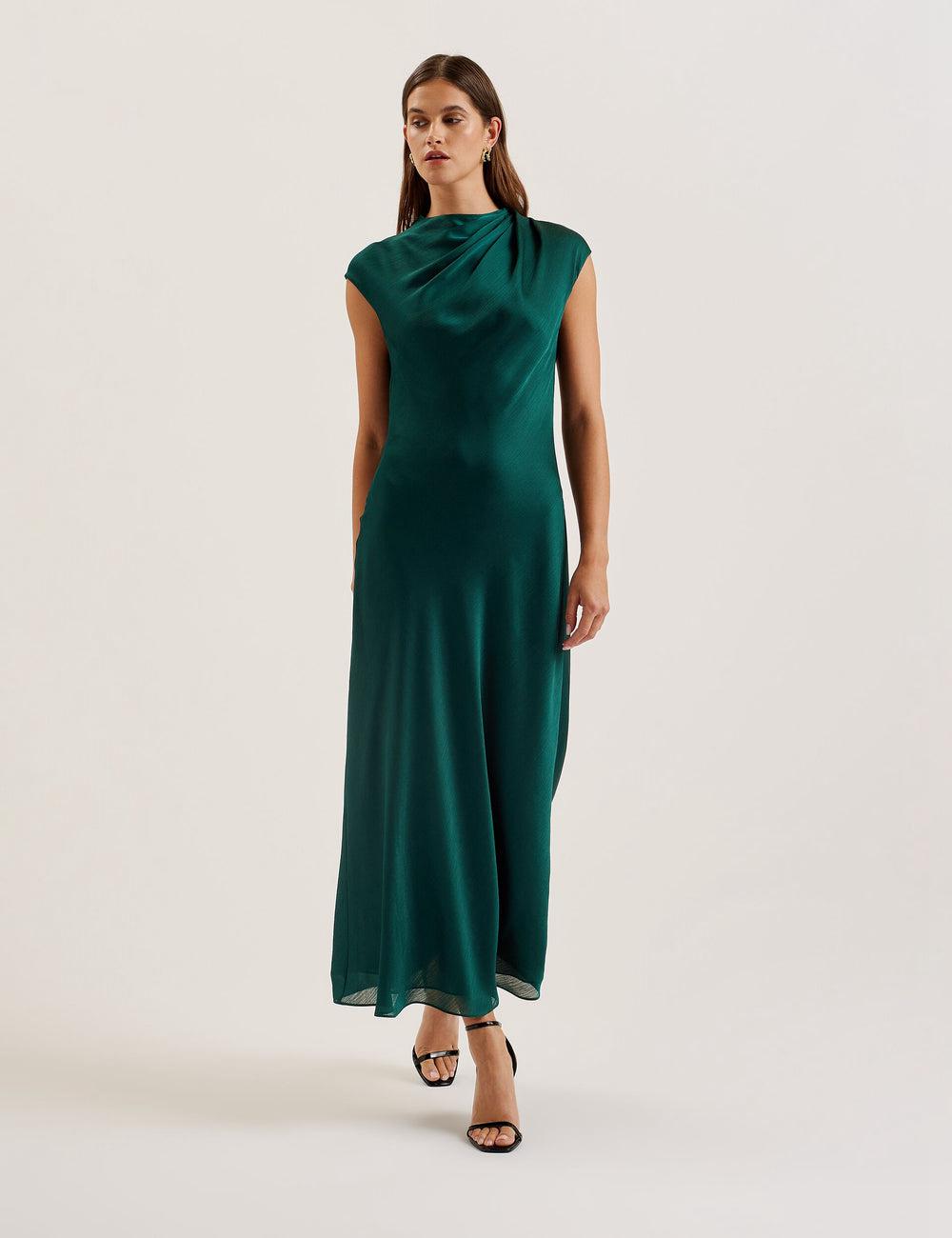 Dk-Green Women Ted Baker RIMINI - Chiffon Drape Neck Detail Maxi Dresses | NZ  EPMC-13678