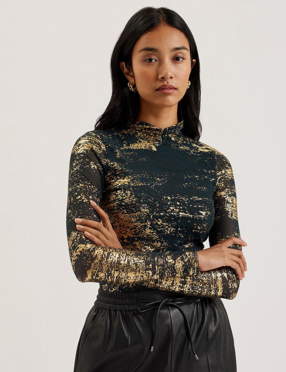 Dk-Green Women Ted Baker SOFIY - Foil Print High Neck Mesh Top Jumpers | NZ  LQBR-16273