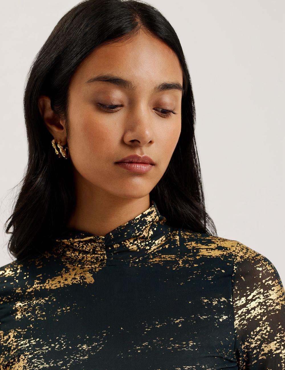 Dk-Green Women Ted Baker SOFIY - Foil Print High Neck Mesh Top Jumpers | NZ  LQBR-16273