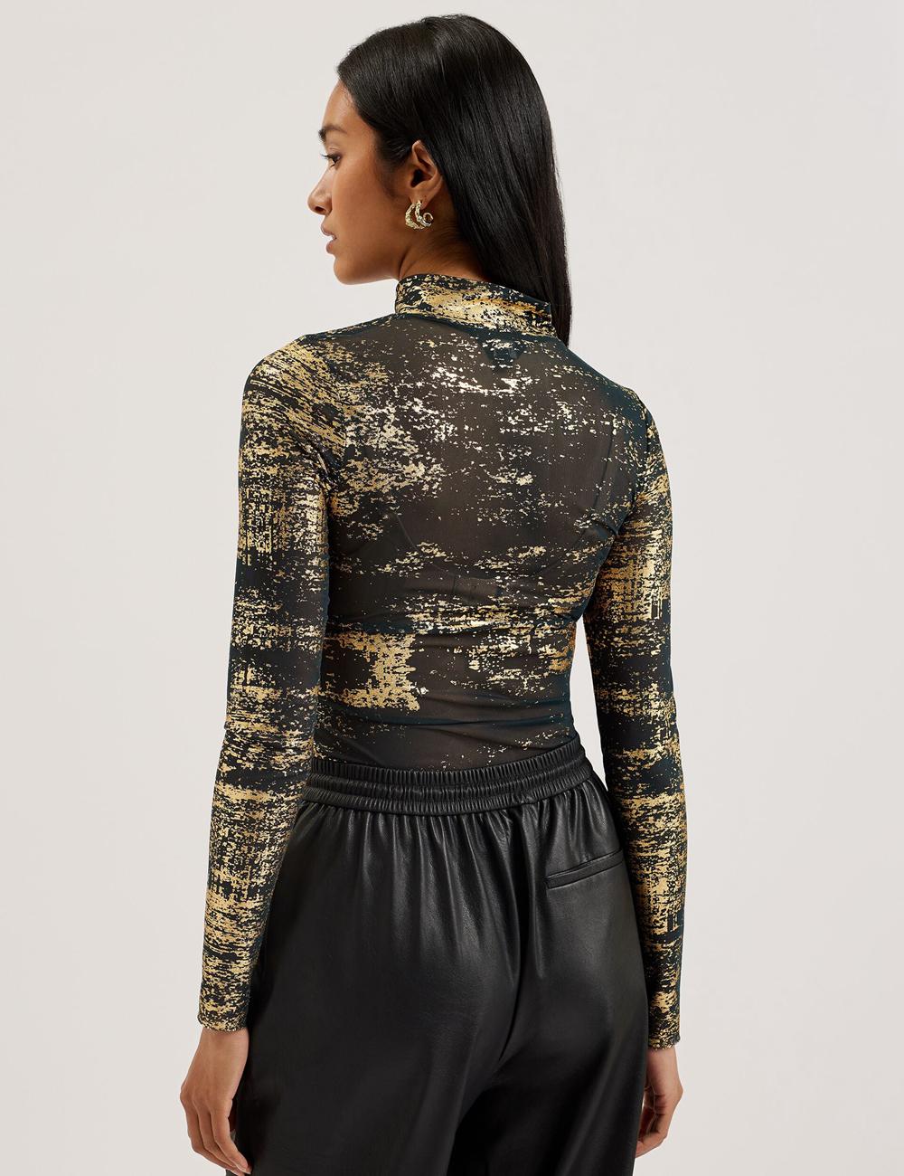 Dk-Green Women Ted Baker SOFIY - Foil Print High Neck Mesh Top Jumpers | NZ  LQBR-16273