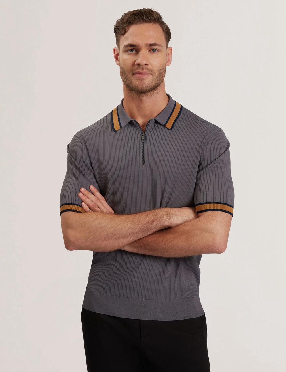 Dk-Grey Men Ted Baker RAFAELO - Striped Trim Zip Neck Ribbed Polos Shirts | NZ  GYAC-28075
