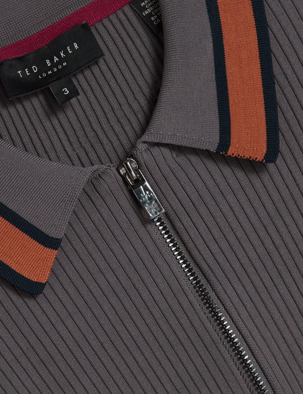 Dk-Grey Men Ted Baker RAFAELO - Striped Trim Zip Neck Ribbed Polos Shirts | NZ  GYAC-28075