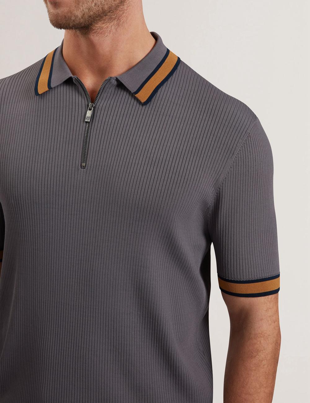 Dk-Grey Men Ted Baker RAFAELO - Striped Trim Zip Neck Ribbed Polos Shirts | NZ  GYAC-28075