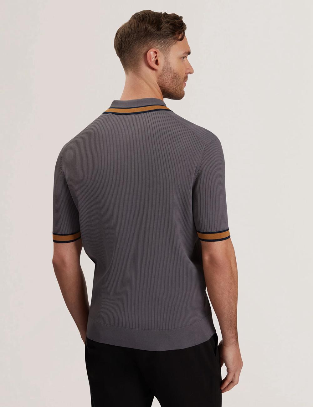 Dk-Grey Men Ted Baker RAFAELO - Striped Trim Zip Neck Ribbed Polos Shirts | NZ  GYAC-28075