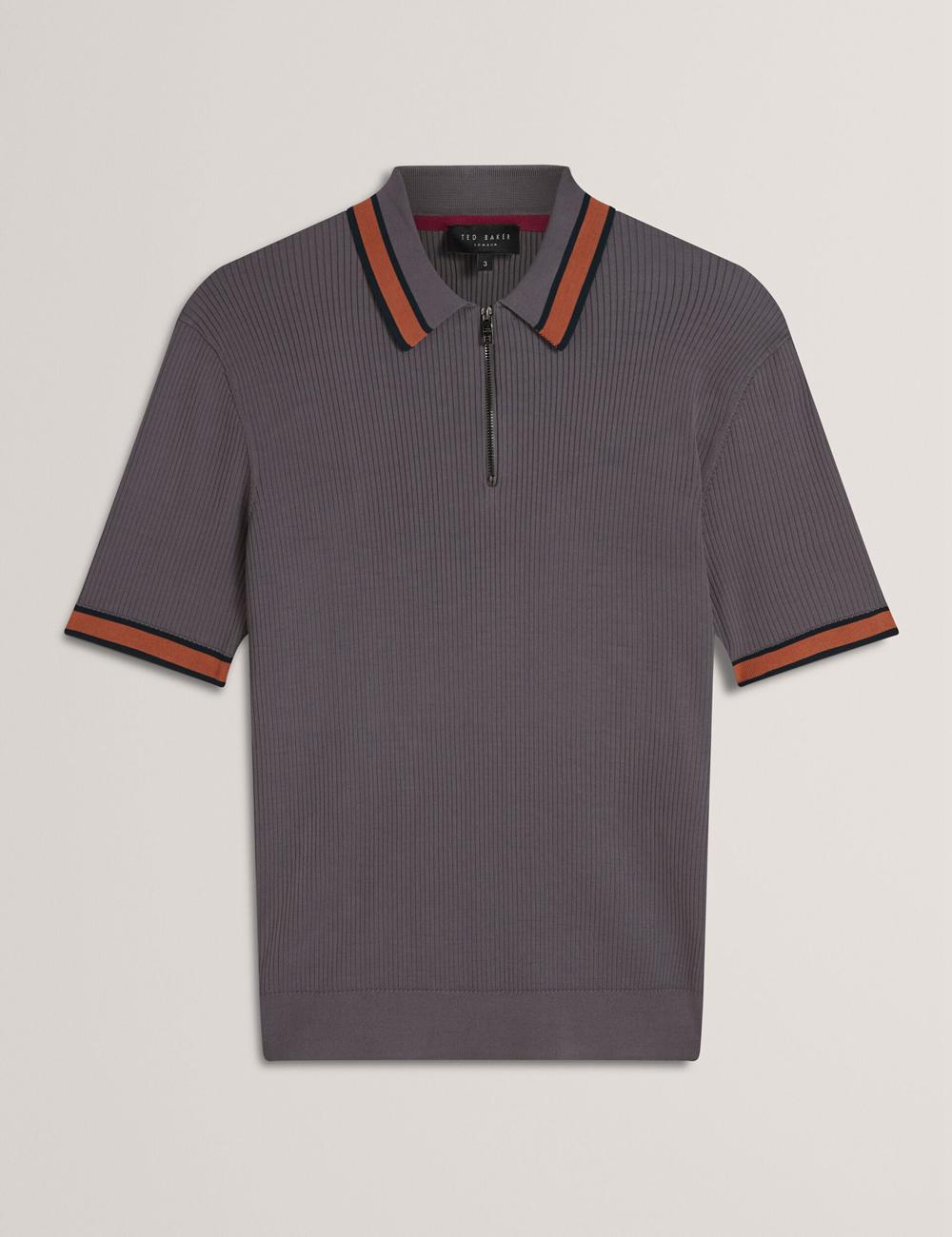 Dk-Grey Men Ted Baker RAFAELO - Striped Trim Zip Neck Ribbed Polos Shirts | NZ  GYAC-28075