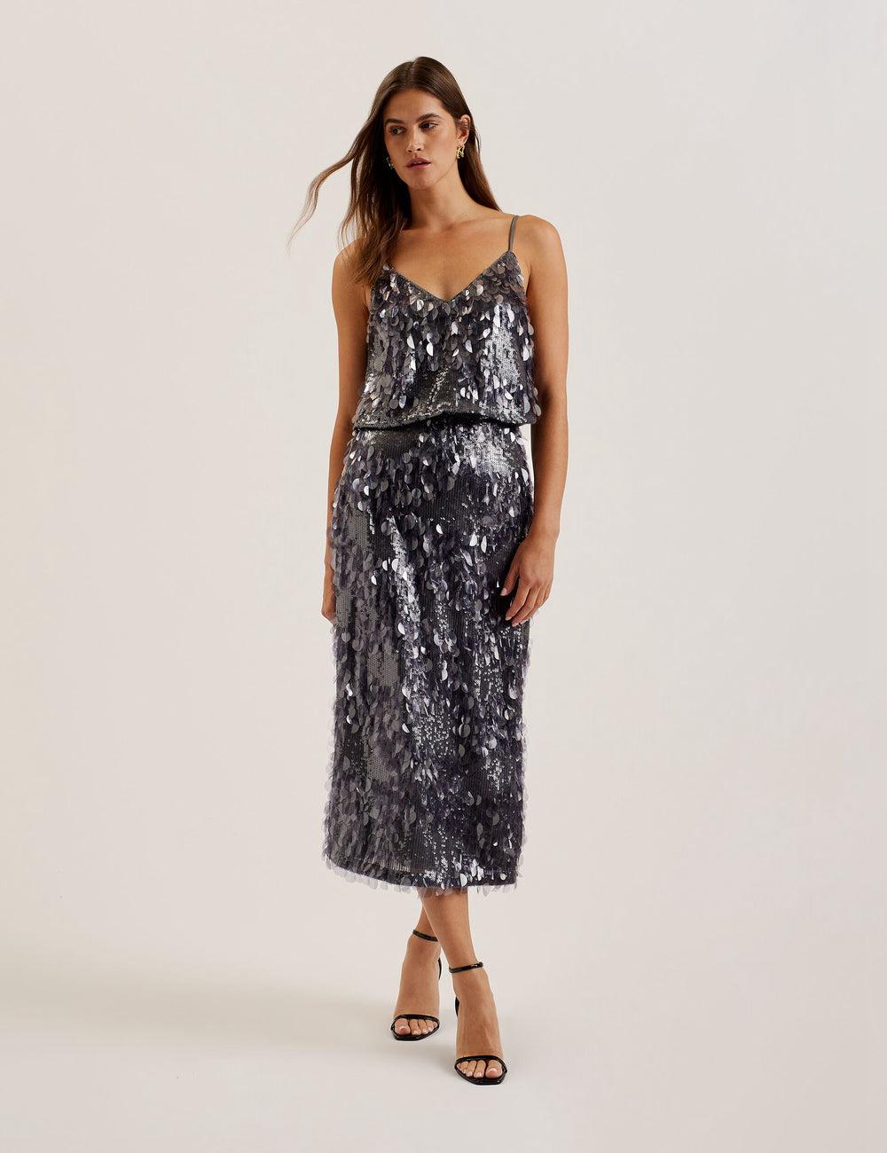 Dk-Grey Women Ted Baker DORIDA - Mixed Sequin With Slit Midi Skirts | NZ  TWMO-65428