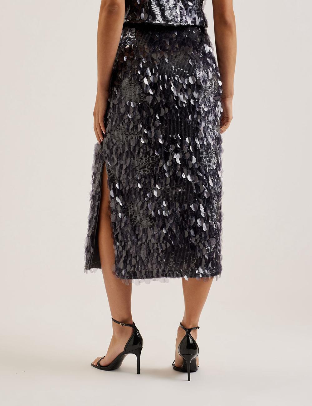 Dk-Grey Women Ted Baker DORIDA - Mixed Sequin With Slit Midi Skirts | NZ  TWMO-65428